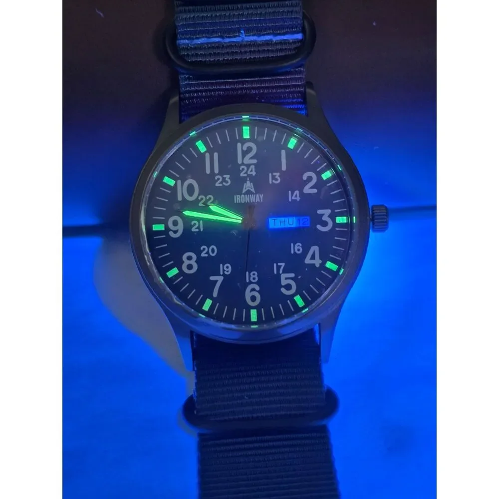 Ironway Military Field Watch Blue Dial Day Date Quartz Blue NATO Strap Box - US